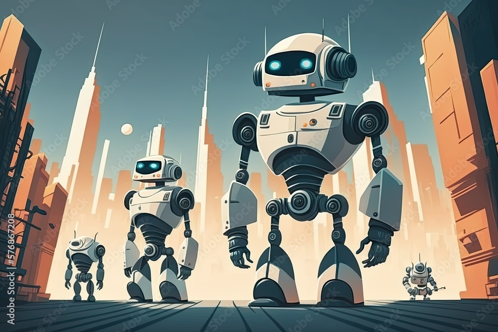 Aufkleber robots roaming a futuristic metropolis. sci fi depiction of the not too distant future. generative a