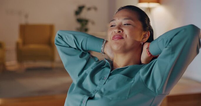 Woman, smile and stretching in night office to relax from easy project, deadline achievement and happiness. Happy business worker, hands behind head and finish overtime, career goals and productivity