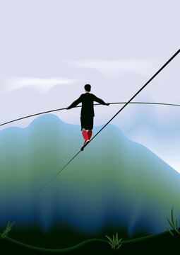 vector illustration of the person walking a tightrope in the mountains, blue sky, clouds, balance concept.