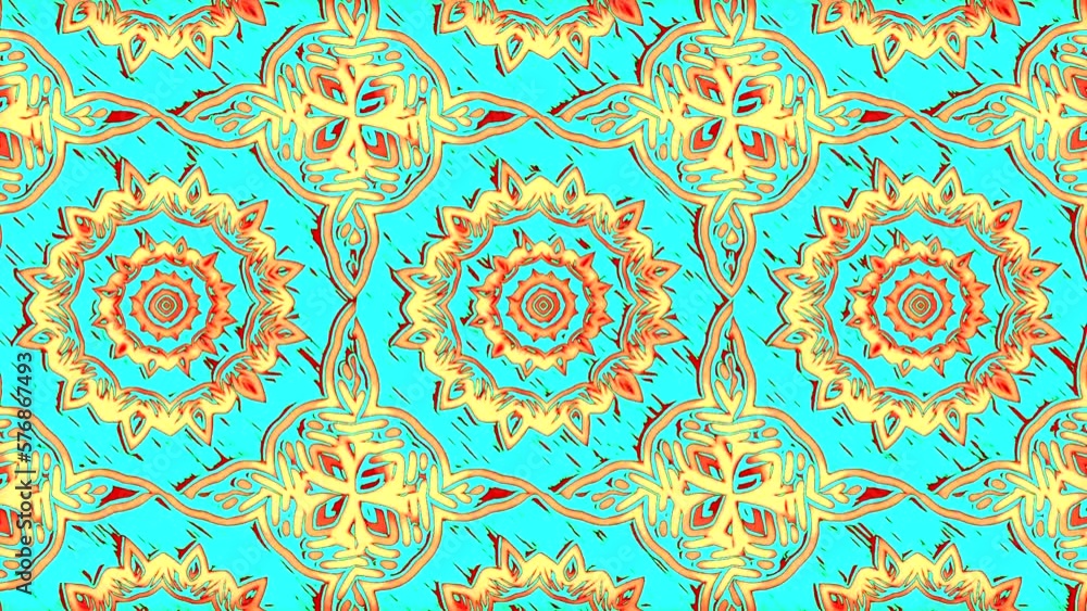 Poster kaleidoscope sequence with mandala patterns. motion. rows of changing shaped and flowers.
