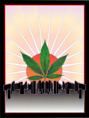 Beautiful Marijuana Leaf, Orange Sun Sunset, and modern digital city, 