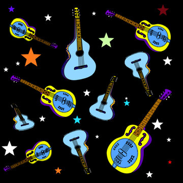 Dobro guitar, lap steel guitar pattern with colored stars and black background