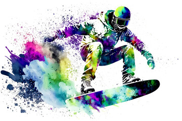 Plakat Man snowboarder jump on snowboard with rainbown watercolor splash isolated on white background. Neural network AI generated art