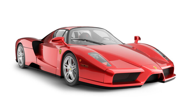 London, England - April 8, 2022. Enzo Ferrari. Special Edition isolated against a white background. Luxury sportscar in white studio light. Trim outline is attached. 3d rendering
