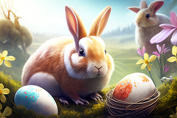 Rabbit on grass with easter eggs. Flowers in the background. Easter.