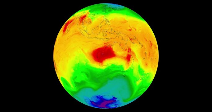 Temperatures in Ocean&iacute;a, temperatures are shown in different color tones, with warmer colors indicating higher temperatures, cooler colors indicating lower temperatures