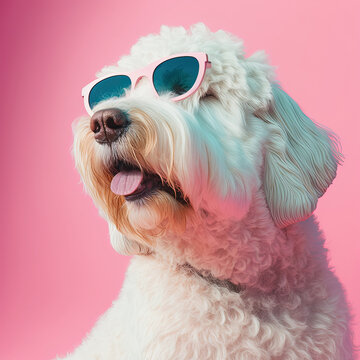 Fashion dog in sunglasses, pink background. Generative AI
