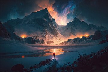 Epic winter arctic landscape. A man stands on a rock and looks into the distance at the mountains. Polar night, stars in the sky. A traveler on a hike in the majestic northern nature. Generative AI. - obrazy, fototapety, plakaty