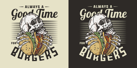 Naklejka premium Burger in skeleton hands. American fast food or USA food with skull, bones and burger with meat, cheese and vegetable for logo or poster
