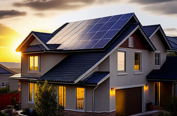 Solar panel on roof house. Home with solar panels on roof. Modern house interior. Tanunhouses and residential buildings houses with solar panels on roof. Solar photovoltaic systems. Ai Generative.