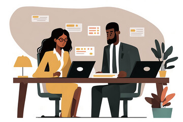 Flat vector illustration Multiethnic Indian male mentor and African American female intern sitting at desk with laptop, doing paperwork together, discussing project financial report. Enterprise custom - obrazy, fototapety, plakaty