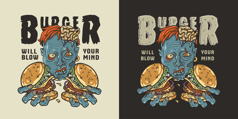 Zombie burger or american fast food or USA food with walking dead or undead with hamburger for logo or poster. Tasty burger in zombie hands