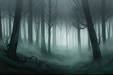 Naklejka premium misty morning in the forest,fog in the forest,background with forest