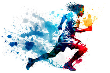 Plakat football soccer player in action with rrainbow watercolor splash. isolated white background. Neural network AI generated art