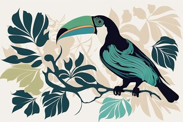 Elegant toucan silhouetted against a white background. Generative AI