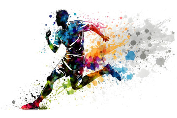 Naklejka na ściany i meble football soccer player in action with rrainbow watercolor splash. isolated white background. Neural network AI generated art