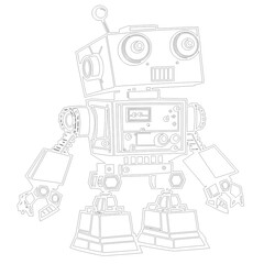 Cartoon style robot for children's or adult coloring book. Thin black lines. 