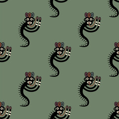 Fototapeta premium Seamless ethnic pattern with fantastic creatures. Nazca pottery. Native American art of ancient Peru. Indigenous Peruvian mythology. On green background.