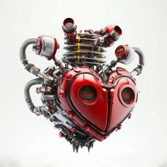 Robot mechanical red heart isolated on white background. Generative AI