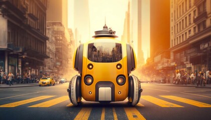 Plakat Smart robot autopilot taxi rides along city street road. Generative AI