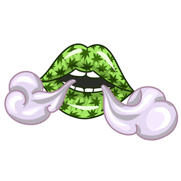 Lips with the image of Marijnauna. Lips let out smoke vector. cannabis weed