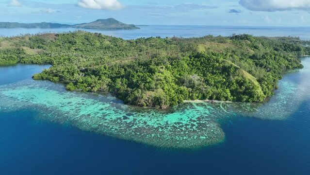 Shallow coral reefs surround a remote island in the Solomon Islands. This beautiful, tropical country is home to spectacular marine biodiversity and many historic World War II sites.
