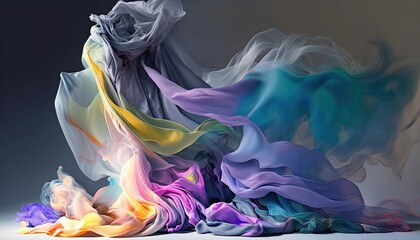 Abstract pastel blowing silk fabric. Gusting delicate scarves. Iridescent curtains billowing in the wind. Wallpaper background.