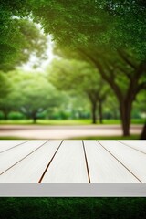 Empty Wooden Table Display with Green Grass Background  (Created with Generative AI)