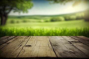 Empty Wooden Table Display with Summer Green Grass Background  (Created with Generative AI)
