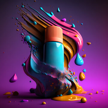 Cosmetic bright concept with paint splashes, Make up tools 3D and cosmetics concept in bright colors, lipstick, nail polish products , trendy, Ai generated
