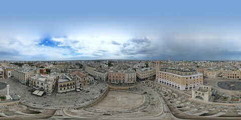 360 aerial photo taken with drone of roman ruins and main square in Plaza Sant'Oronzo in Lecce,...