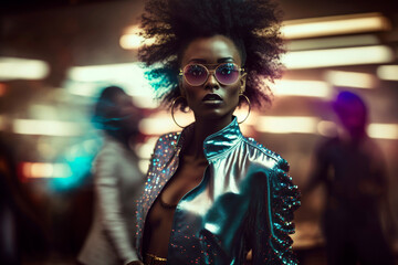 Fashionable black woman dressed in bright clothes and afro hair, at the disco dancing on the dance floor. Generative AI