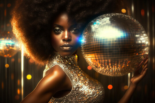 Modern black woman with afro hair and glitter clothes with a mirror ball in her hand inside the nightclub, surrounded by lights Generative AI