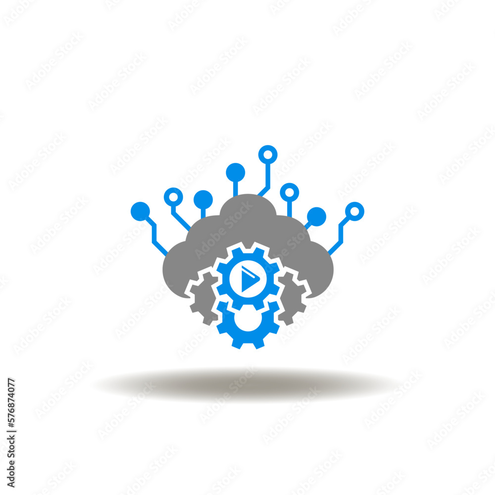 Poster vector illustration of electronic web cloud and gear wheels mechanism with play button. icon of mult