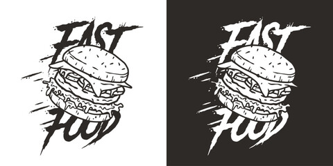 Fast food with flying burger with meat, cheese and vegetable for logo or emblem. USA or american food or hamburger with bun, lettuce, cheese, tomato, onion, cutlet for cafe and restaurant.