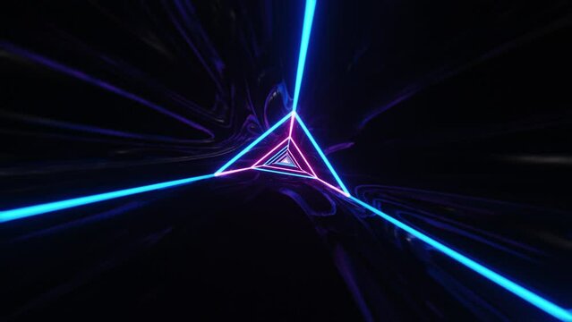 Hypnotic digital trippy pink purple and blue colored tunnel with neon accents and unique shapes.
