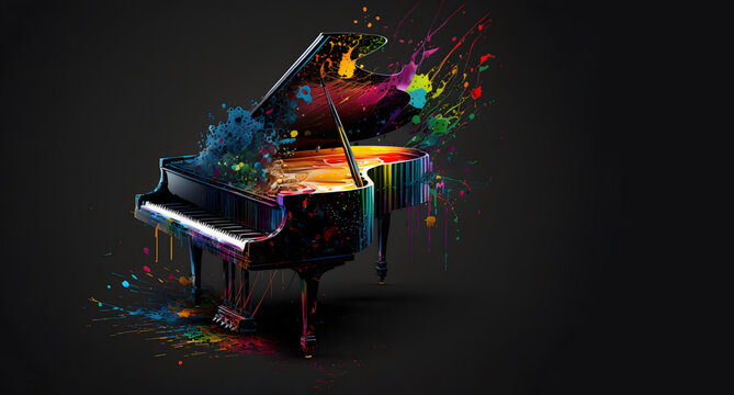 Grand piano with colorful paint splatters on it. Generative AI