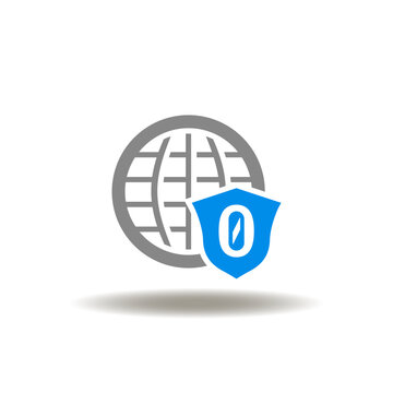 Vector illustration of world globe and shield with zero. Icon of zero trust. Symbol of cyber digital security.