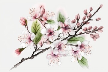 Sakura cherry blossoms in pink, arranged against a white background. Not really deep. A gentle pastel color scheme. The blossoming of spring. Blanket copy space. Generative AI