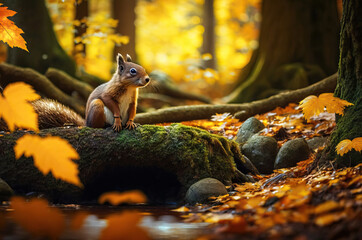 Obraz premium Squirrel in the forest in autumn,,autumn in the woods,autumn in the forest