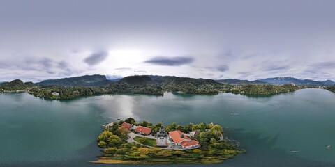360 aerial photo taken with drone of Bled Island on Lake Bled in Slovenia
