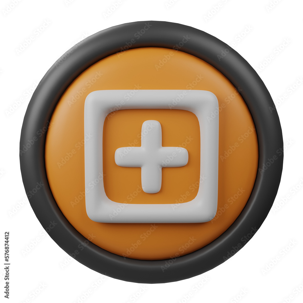Poster 3d rendered add button icon with orange color and black border for creative user interface and web d