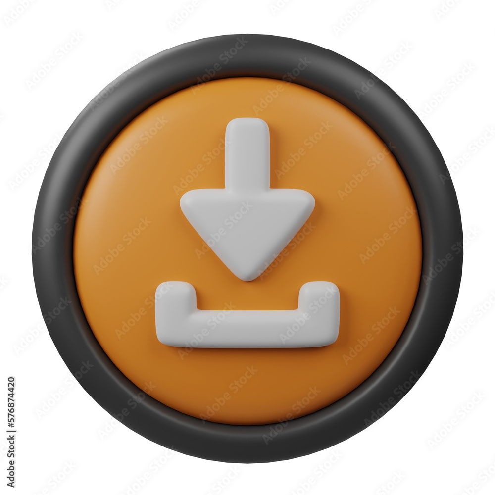 Poster 3d rendered download button icon with orange color and black border for creative user interface and 
