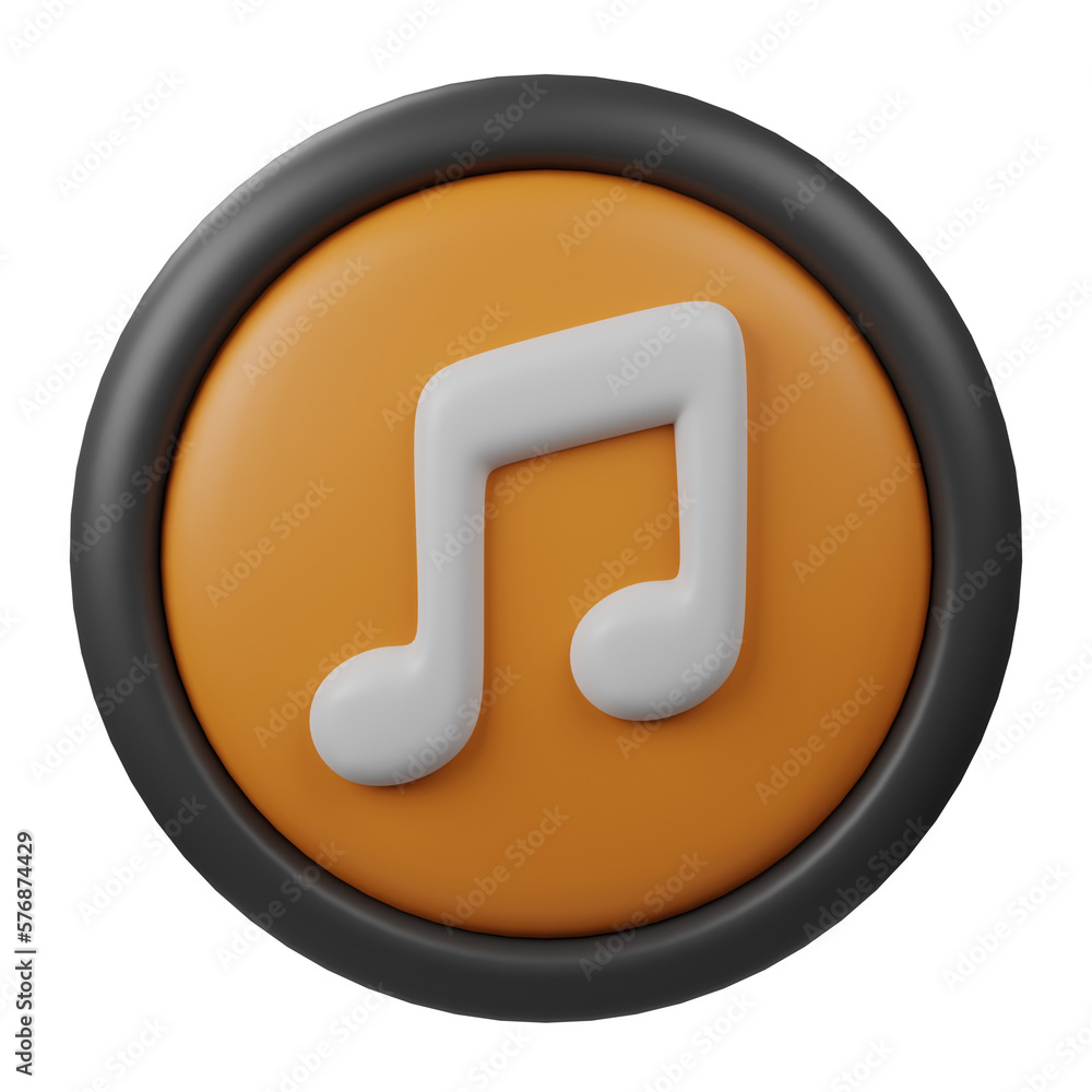 Poster 3d rendered music button icon with orange color and black border for creative user interface and web
