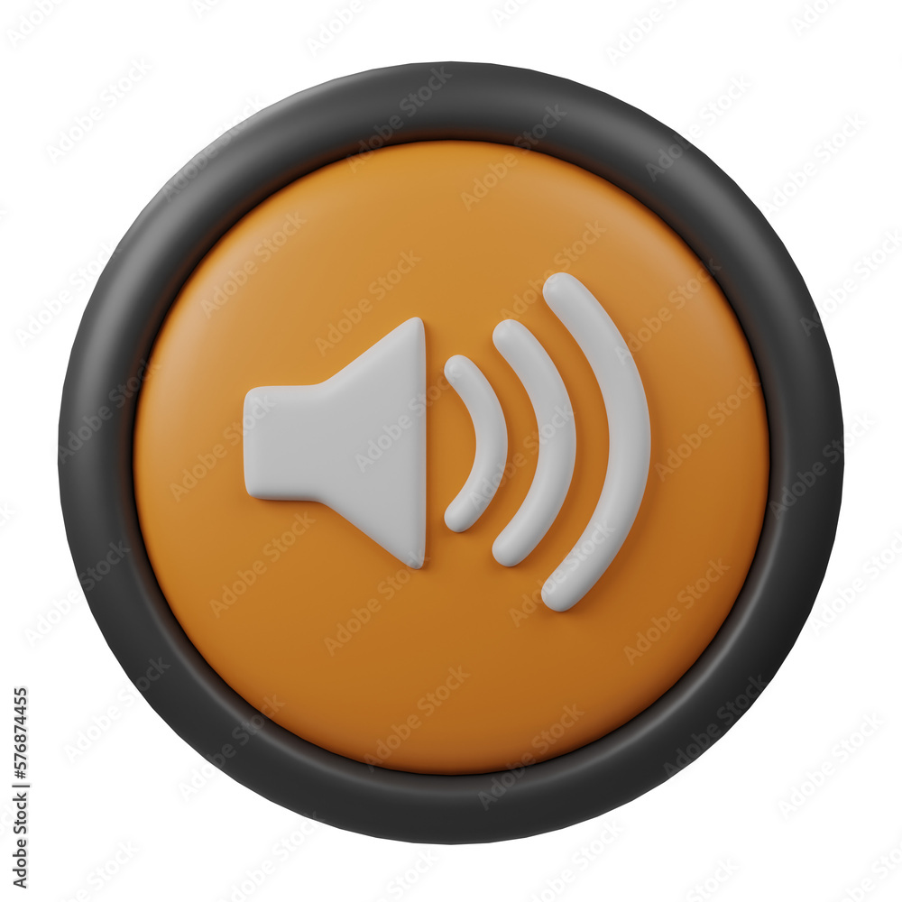 Poster 3d rendered sound on button icon with orange color and black border for creative user interface and 