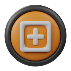 3D Rendered Add Button Icon with Orange Color and Black Border for Creative User Interface and web design, Add Button symbol isolated on white background