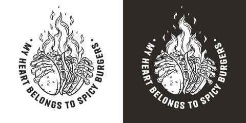Burning burger in skeleton hands. American fast food or USA food with bones and burger in fire with meat, cheese and vegetable for logo or poster