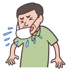 マスク越しにくしゃみをする中年男性、おじさん