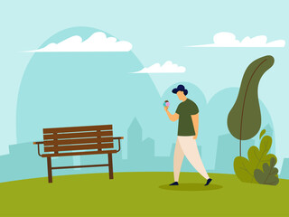 a man walks with ice cream in the city park