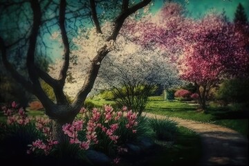 Vibrant Flowers With Spring Blossoms In A Park